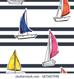 Blue stripe with hand drawn sailboats seamless pattern nautical mood ,Design for fashion , fabric, textile, wallpaper, cover, web , wrapping and all prints 
