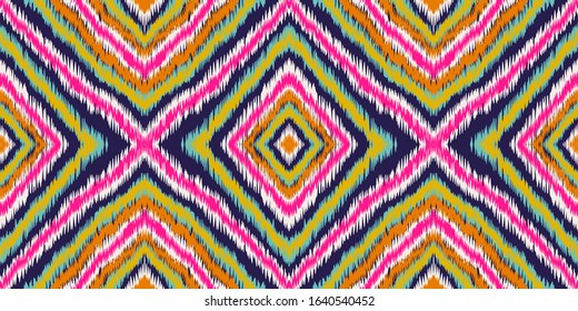 Blue Stripe Ikat Vector Seamless Pattern. Abstract Chevron African Wallpaper. Japanese Abstract Print. Blue Carpet Indian Vector Seamless Pattern