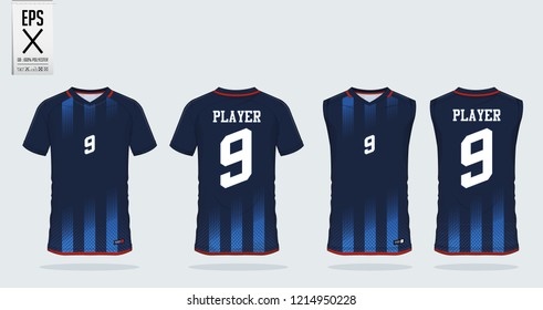 Blue stripe t-shirt sport design template for soccer jersey, football kit and tank top for basketball jersey. Sport uniform in front and back view. Sport shirt mock up for sport club. Vector