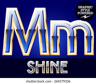 Blue striped alphabet with golden border. Letter M