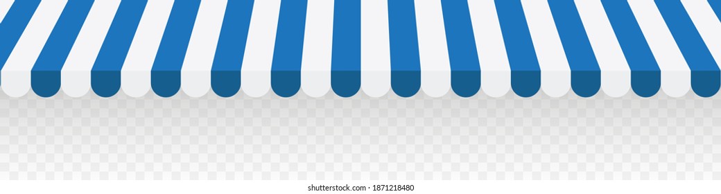 Blue striped awning for shop. Tent sun shade for market on transparent background. Vector illustration