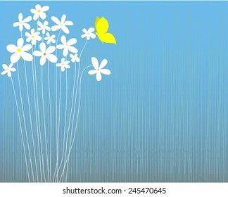 Blue striped background with white flowers and yellow butterfly, space for text, vector illustration, well layered