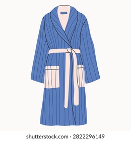 Blue striped bathrobe with contrasting light pink belt, trim and patch pockets. Hand-drawn vector illustration of comfortable loungewear for spa, hotel, self-care, relaxation and home clothing designs.