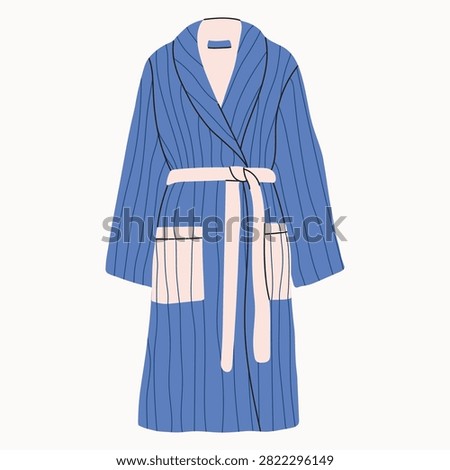 Blue striped bathrobe with contrasting light pink belt, trim and patch pockets. Hand-drawn vector illustration of comfortable loungewear for spa, hotel, self-care, relaxation and home clothing designs.