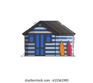 Blue striped beach hut isolated on white background. Summer bath house vector illustration in flat design.