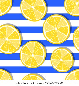 Blue striped beach towel with juicy lemon slices seamless pattern. Summer vocation vector seamless pattern