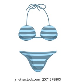 Blue striped bikini isolated on white background featuring a halter top