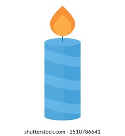 Blue striped candle with a lit flame, simplistic design.
