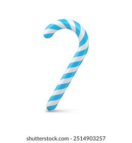 Blue striped candy cane Xmas traditional sweet delicious or Christmas tree toy decor realistic 3d vector illustration. Festive dessert stick for eating or indoor decorating spruce hanging isolated