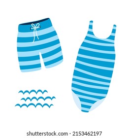 Blue striped children's swimwear and beach shorts. Flat vector cartoon illustration, clipart.