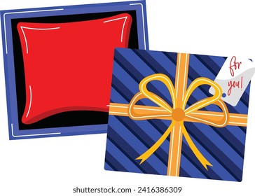 Blue striped gift box with yellow ribbon and red tag saying for you. Present with bow and card for special occasion vector illustration.