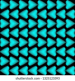 Blue striped hearts on a black background. Hearts from rounded horizontal stripes.