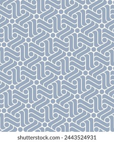 Blue striped hexagons on a white background. Simple and elegant monochrome design. Abstract and geometric graphic style.  Seamless repeating pattern.