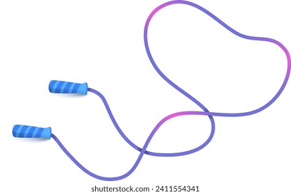 Blue striped jump rope with purple handles lying on a white background. Fitness equipment for cardiovascular exercise, gym workout. Vector illustration.