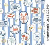 Blue striped Mediterranean summer seamless pattern. Cute Italian cuisine, lobster, crab, sardine, wine, tomatoes in postage stamps or plates. Vector repeat background, textile design, wallpaper print