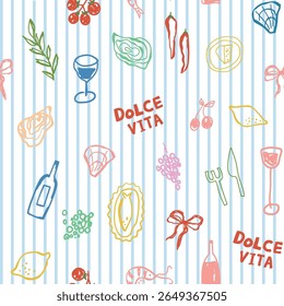 Blue striped Mediterranean summer vacation seamless pattern. Cute Italian food, wine, tomatoes, bow, oysters, grapes, dolce vita. Vector repeat background, textile design, wallpaper print