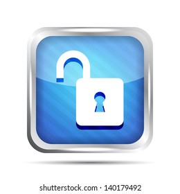 Blue striped open padlock icon on a white background