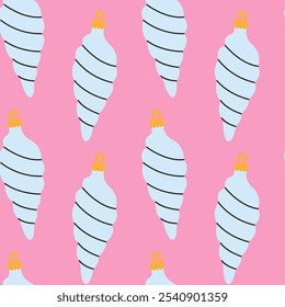 Blue striped ornaments on a vibrant pink background for festive seasonal decorations