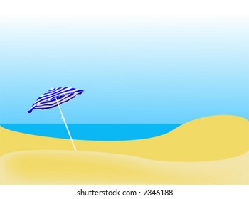 blue striped parasol on a empty beach