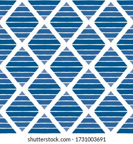 Blue striped rhombuses isolated on white background. Seamless pattern. Hand drawn vector graphic illustration. Texture.