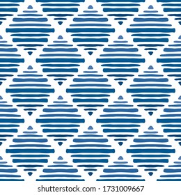 Blue striped rhombuses isolated on white background. Seamless pattern. Hand drawn vector graphic illustration. Texture.