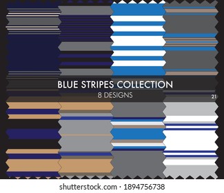 Blue striped seamless pattern collection includes 8 designs for fashion textiles, graphics