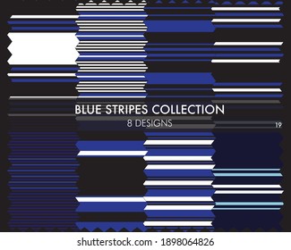 Blue striped seamless pattern collection includes 8 designs for fashion textiles, graphics