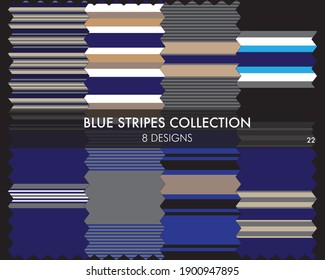 Blue striped seamless pattern collection includes 8 designs for fashion textiles, graphics