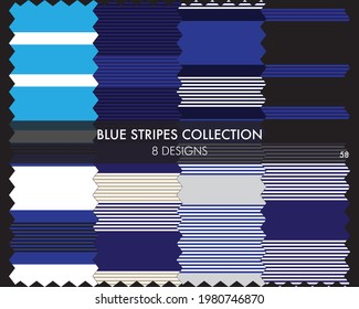 Blue striped seamless pattern collection includes 8 designs for fashion textiles, graphics