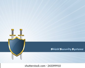 Blue striped shield with two swords icon design and blue bursting background