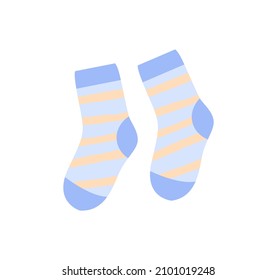 Blue striped socks. Warm clothes for winter and autumn. Disease protection, textiles or natural wool. Clothing store icons or stickers. Cartoon flat vector illustration isolated on white background
