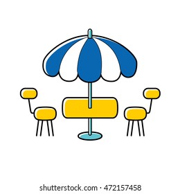Blue striped umbrella with table and two chairs, outdoor fast food cafe or restaurant icon isolated.