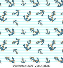 Blue stripes with anchors.Vector seamless pattern with sea anchors on a striped background.