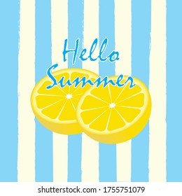 Fondo de rayas azules con limones. Hola texto de verano.