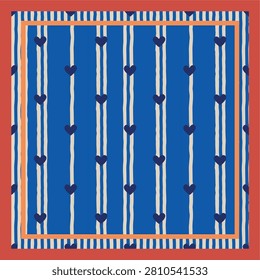 Blue stripes with dark hearts framed by orange red borders