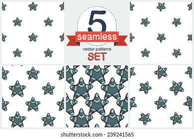 Blue stripes funny cartoon stars. Set of 5 vector seamless pattern.