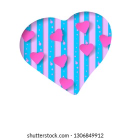 Blue stripes on pink background. heart-shaped pattern.  Paper art style of cover design. Paper cut out style vector illustration.