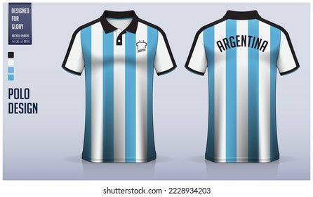 Blue stripes polo shirt mockup template design for soccer jersey, football kit, golf, tennis, sportswear. Argentina pattern design. Sport uniform in front view, back view. Vector Illustration.