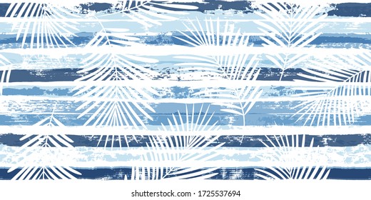 Blue stripes seamless pattern with palm leaf