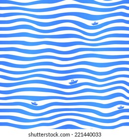 Blue stripes wavy simple background with little boats