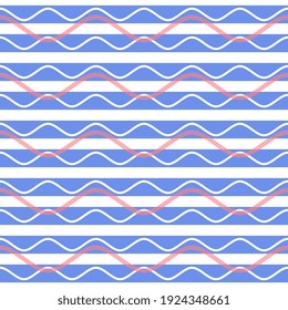 Blue stripes and wavy white pink lines on a white background. Seamless vector summer pattern. For fabric, surface packaging design.