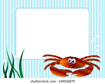 Blue stripped background with grass and crab
