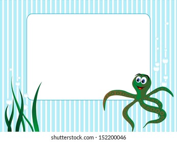 Blue stripped background with grass and octopus