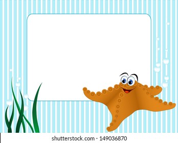 Blue stripped background with grass and starfish