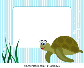 Blue stripped background with grass and turtle