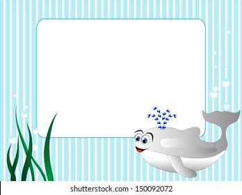 Blue stripped background with grass and whale