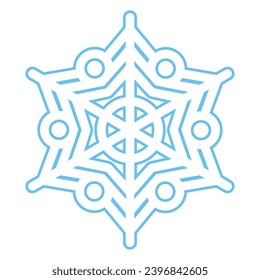 Blue stroked silhouette of snowflake, element of winter festival decoration. Winter snow, Christmas pure miracle symbol. Simple liner vector icon isolated on white background