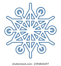 Blaue Seidensilhouette mit Schneeflocken, Element der Winterfestivals-Dekoration. Winterschnee, reines Wundersymbol der Weihnachtszeit. Einfache Liner, Vektorsymbol einzeln auf weißem Hintergrund