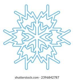 Blue stroked silhouette of snowflake, element of winter festival decoration. Winter snow, Christmas pure miracle symbol. Simple liner vector icon isolated on white background