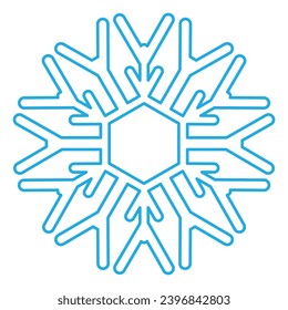 Silhouette de copo de nieve trenzada azul, elemento de decoración de festival de invierno. Nieve de invierno, símbolo de milagro puro de Navidad. Icono de vector de línea simple aislado en fondo blanco